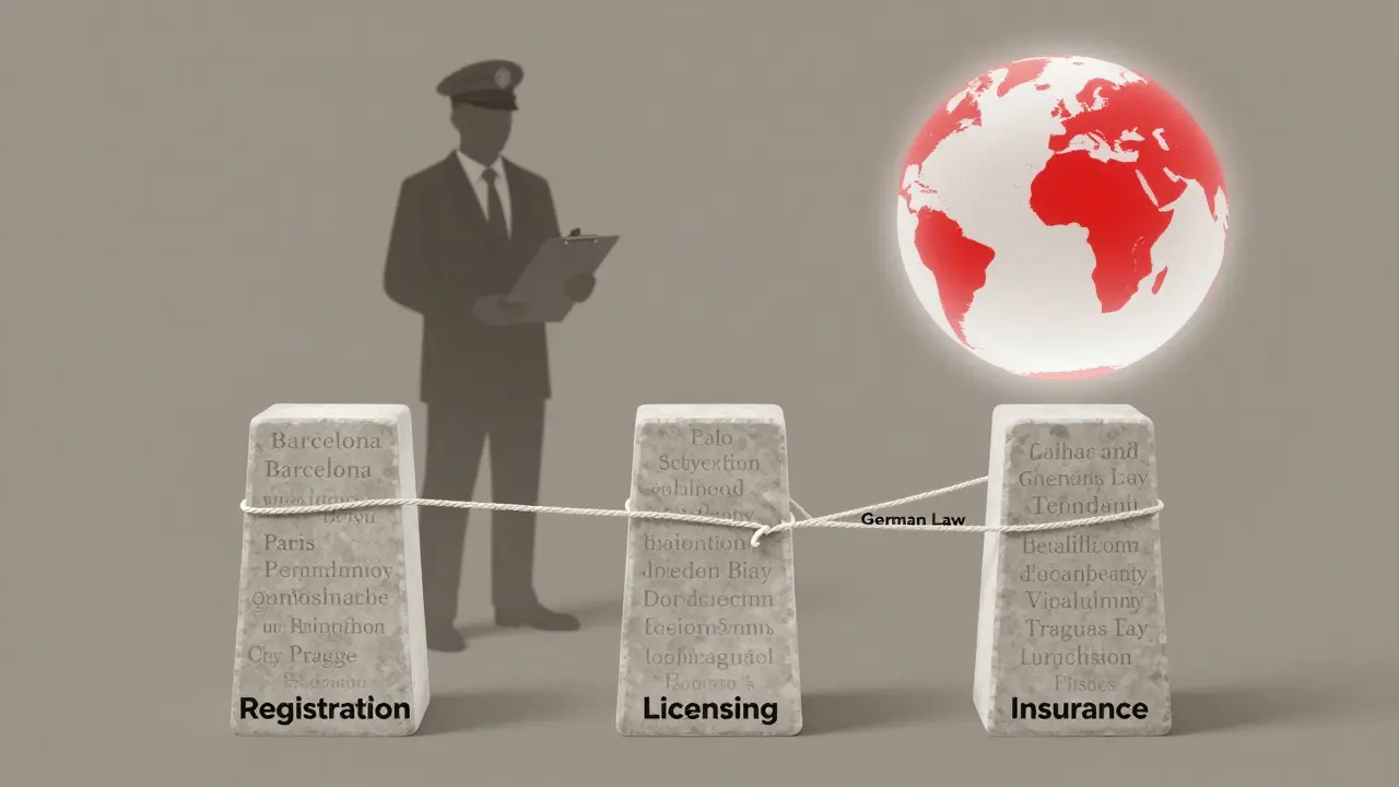 Three pillars of regulation with broken German law thread and inspector watching