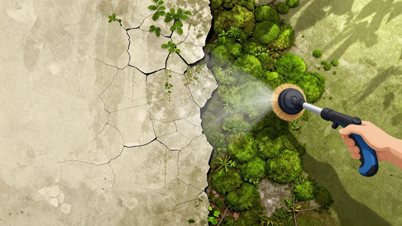 Vergleich einer beschädigten und einer professionell gereinigten Fassade: links Risse und Moos, rechts sauberer Putz mit wasserabweisender Wirkung.