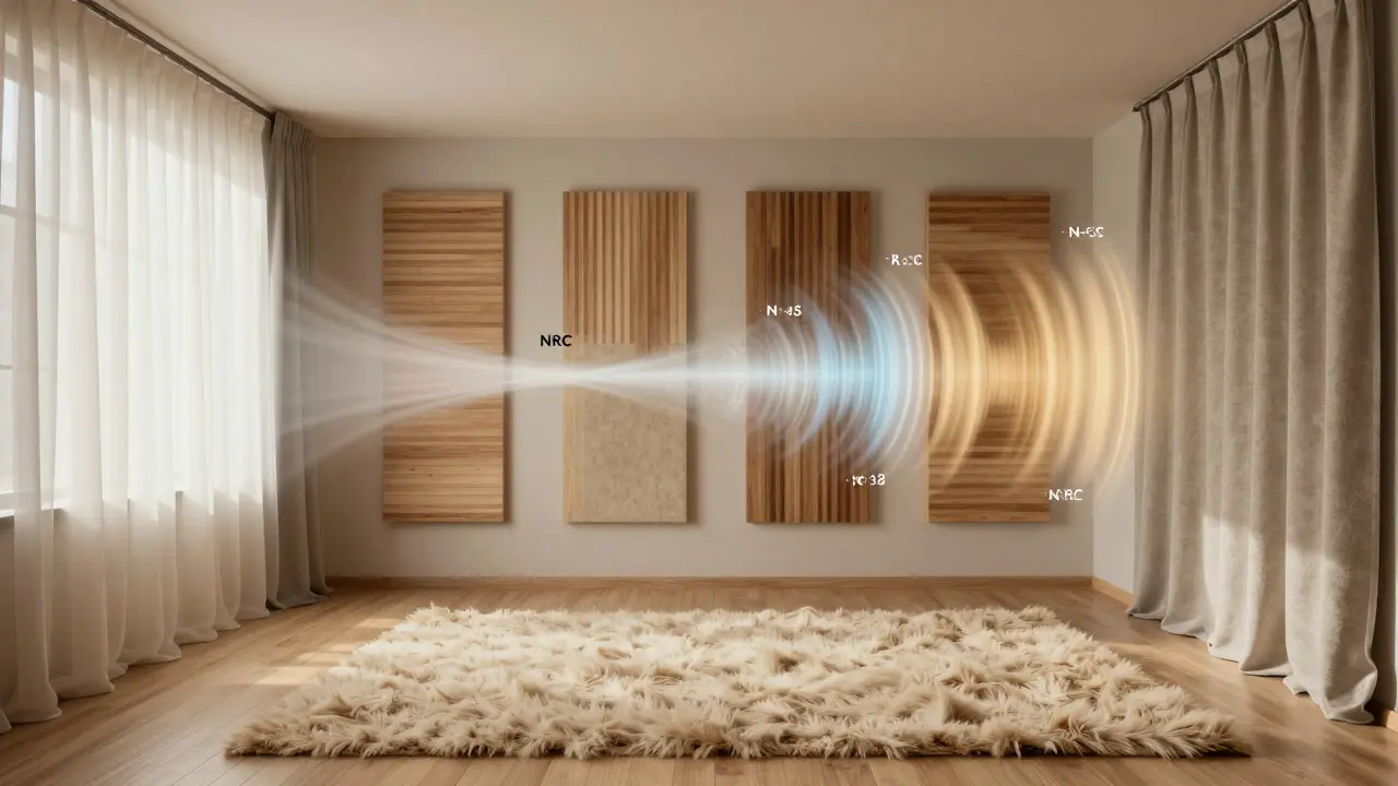 Vergleich: Schallreflektierendes Wohnzimmer links vs. schallabsorbierend optimiertes Zimmer rechts mit Paneele, Teppich und Vorhängen.