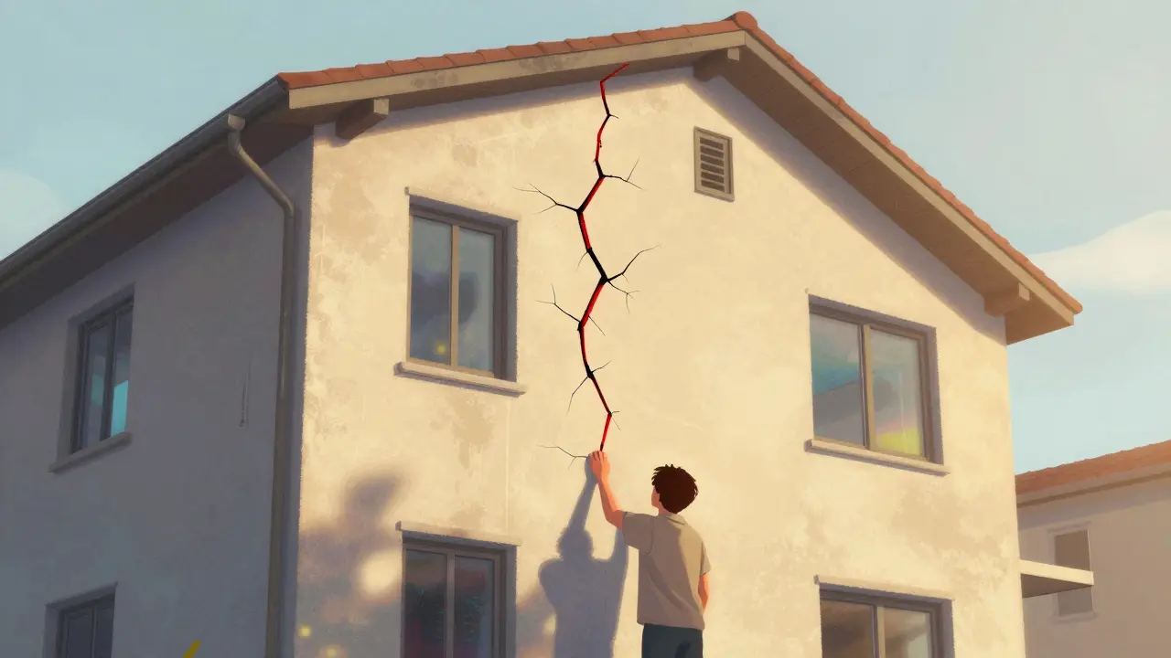 Vertikale Risse in einem Haus erstrecken sich von der Fundament bis zum Dach.