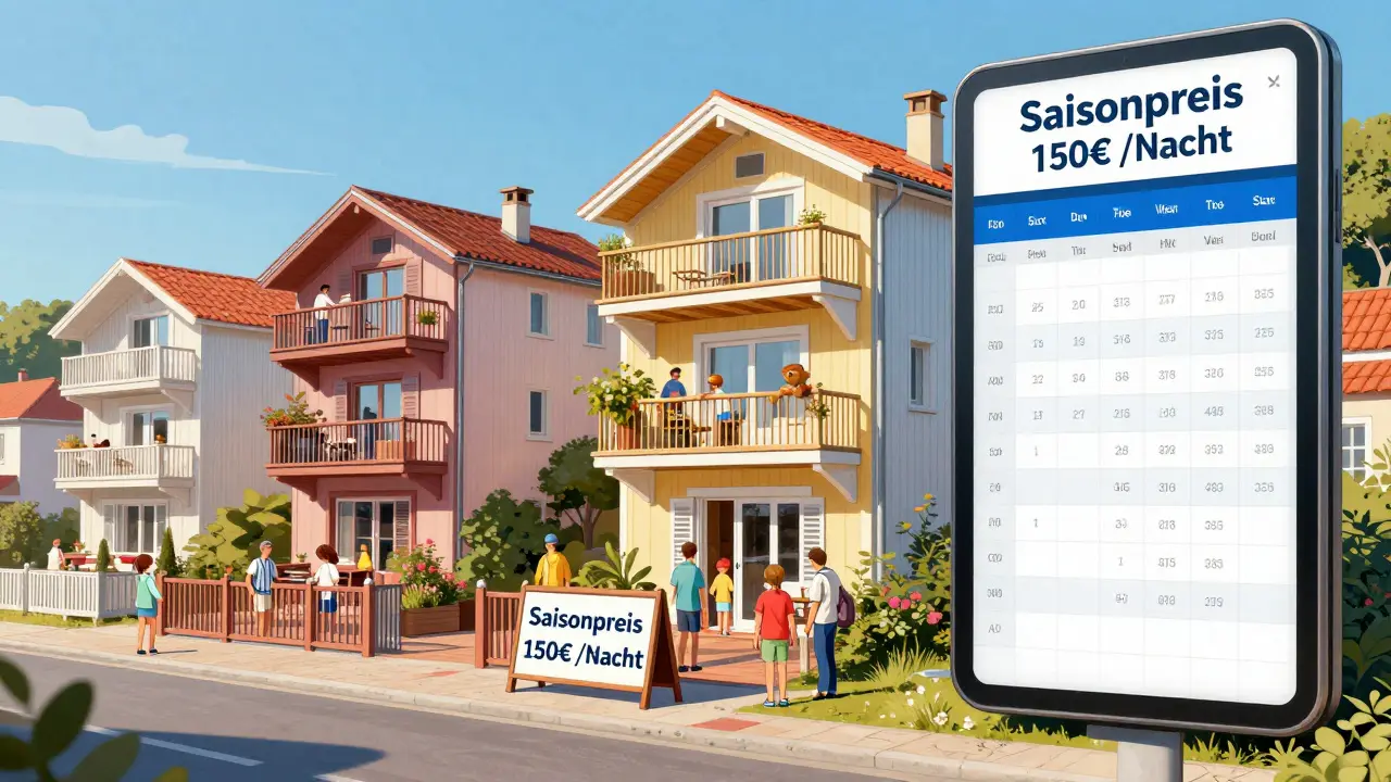 Vollbelegte Ferienunterkunft an der Küste im August mit zahlreichen Gästen und Saisonpreisschild.