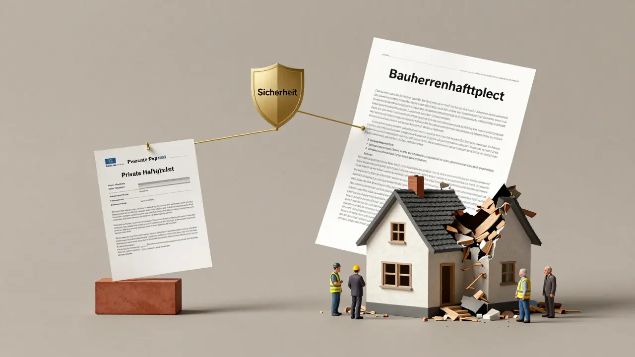 Waage mit kleiner Versicherungspolice gegen massive Bauherrenhaftpflicht, die ein Haus und Nachbargebäude hält.