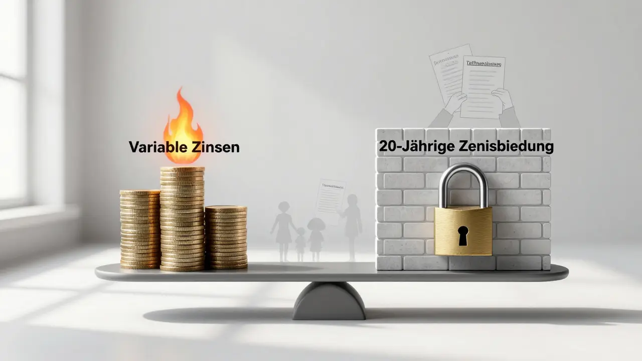 Waage mit variablen Zinsen und 20-jähriger Zinsbindung, symbolisch für finanzielle Sicherheit.