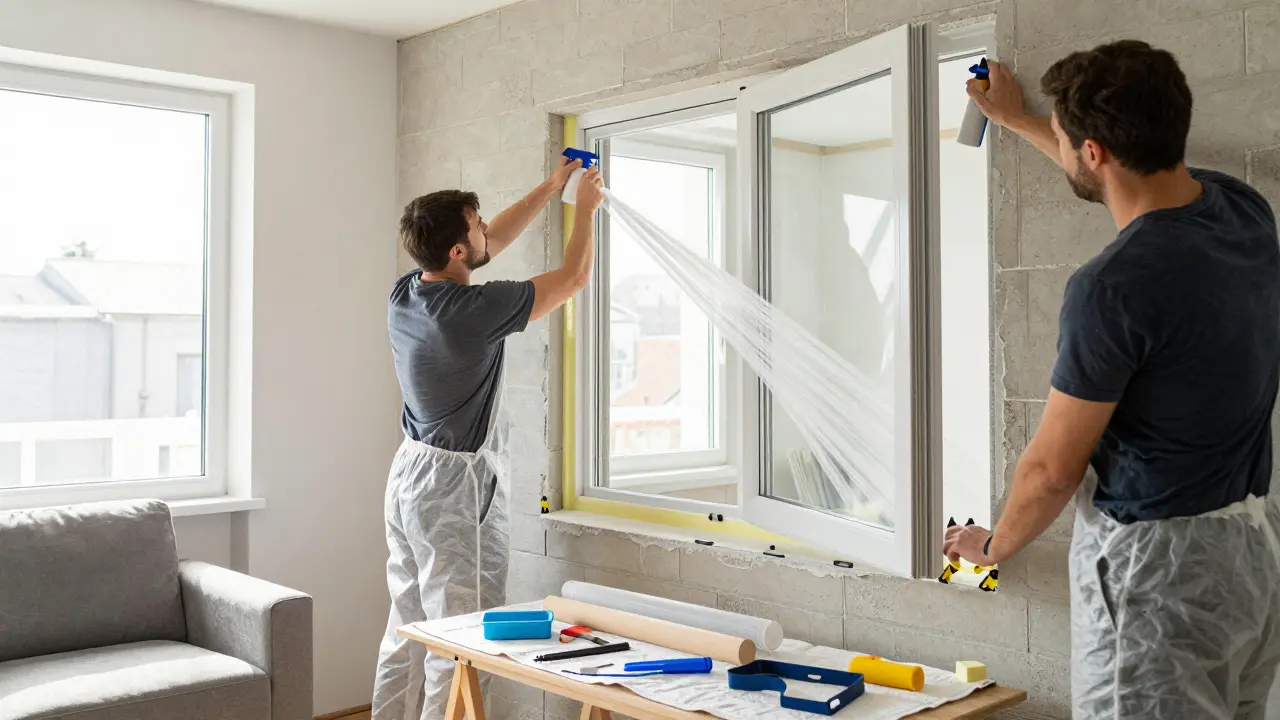 Zwei Personen installieren ein neues Fenster mit drei Dichtungsebenen: ISO-Band, PU-Schaum und Silikon, in einem Wohnraum mit natürlichem Licht.