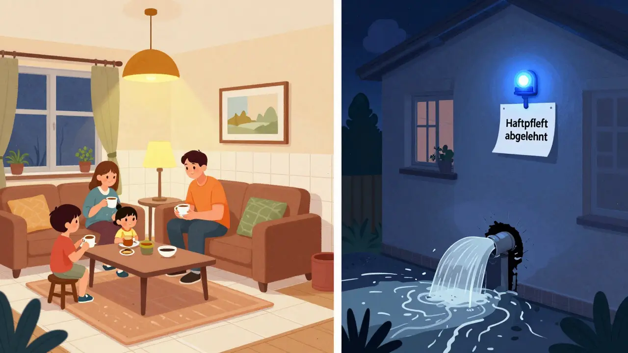 Zwei Szenen: gemütliches Wohnzimmer links, rechts überflutete Nachbarwohnung mit Notlichtern.