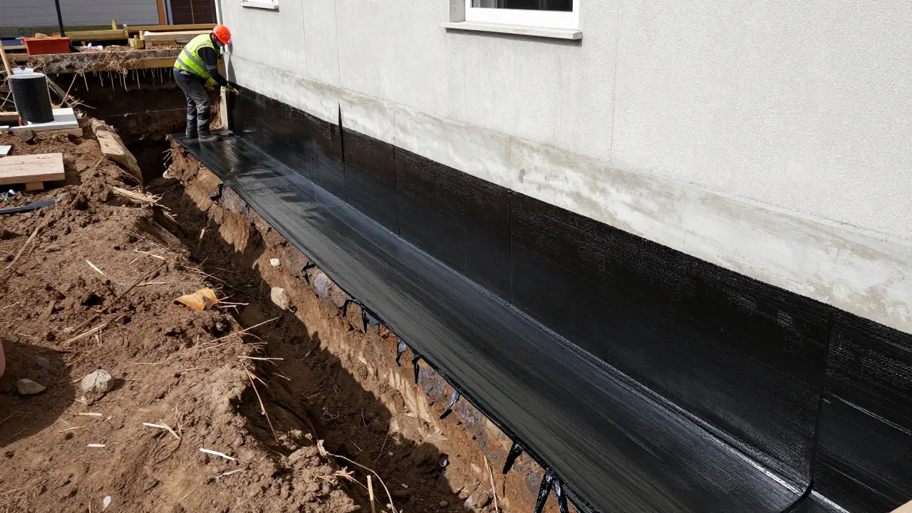 Bauarbeiter trägt schwarze Bitumenabdichtung an einer freigelegten Kelleraußenwand im Graben.