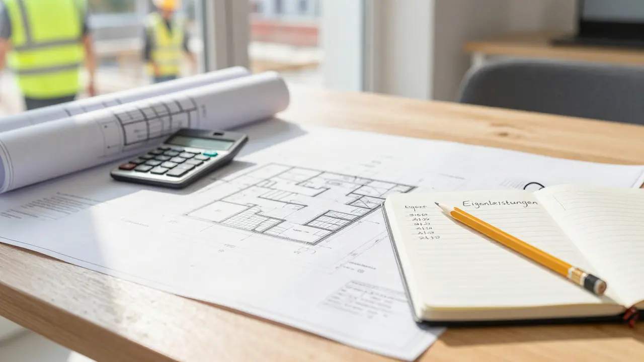 Baupläne und Kostenberechnung für ein Renovierungsprojekt auf einem Tisch
