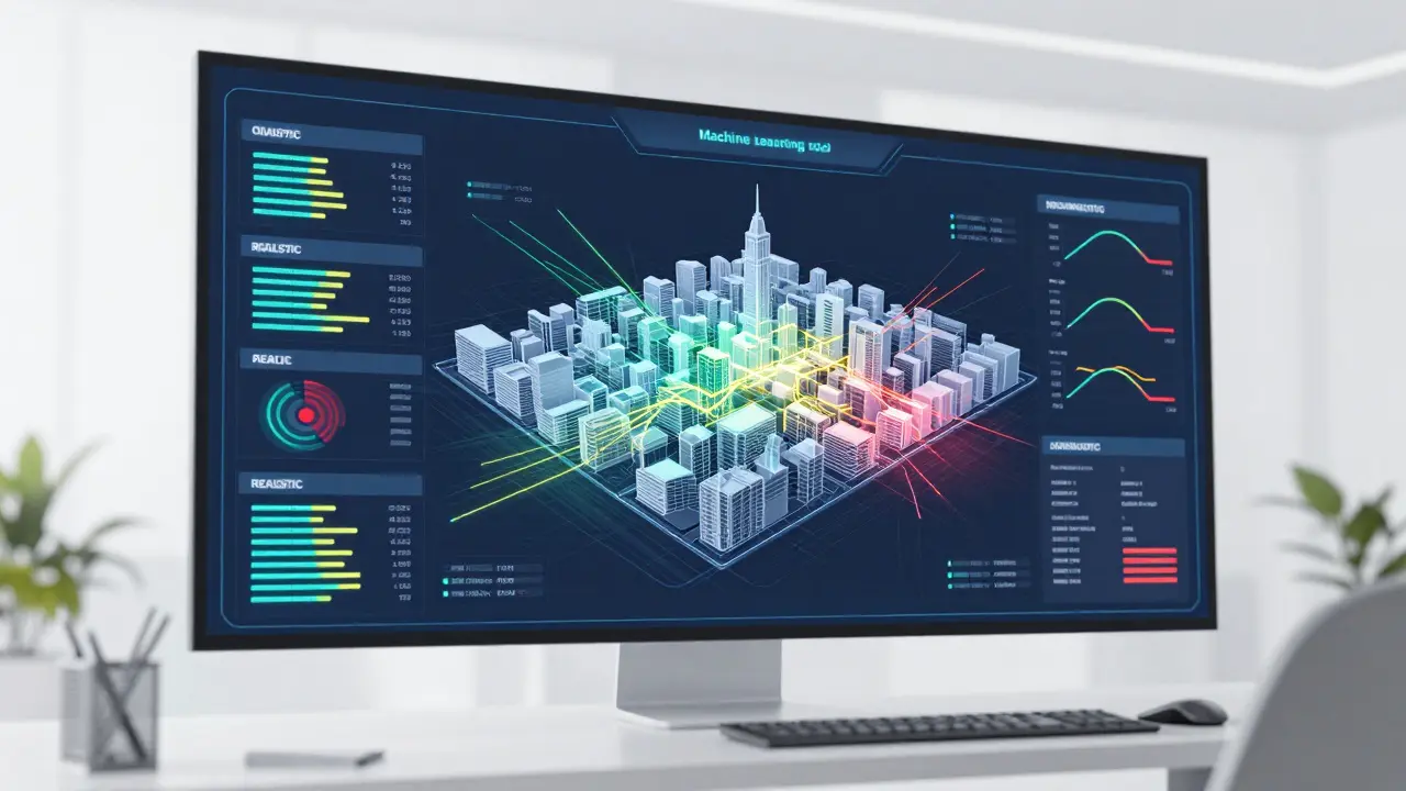 Digitales Interface mit Machine-Learning-Modellen zur Immobilienanalyse.