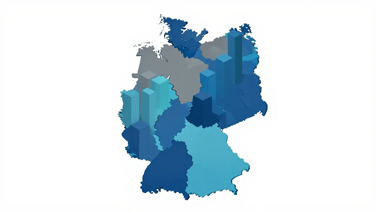 Eine stilisierte Karte Deutschlands mit unterschiedlich hohen Säulen für die Grunderwerbsteuer.