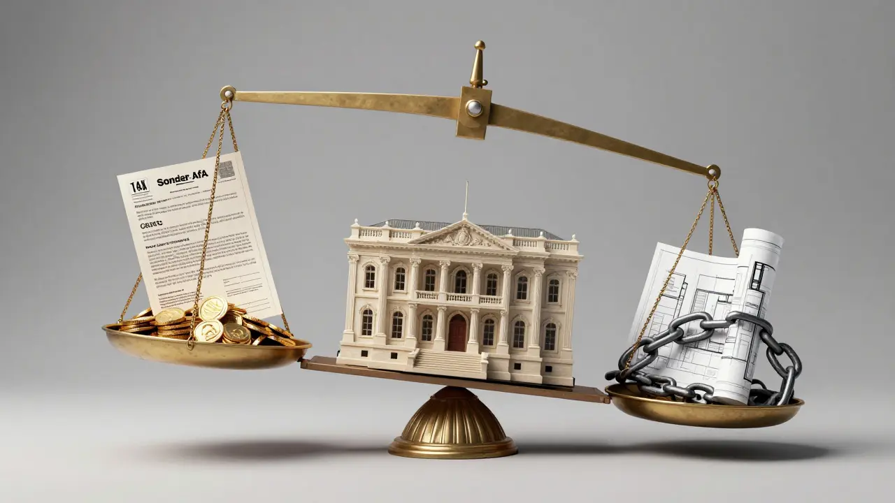 Eine Waage, die historische Architektur gegen Geld und bürokratische Ketten abwägt.