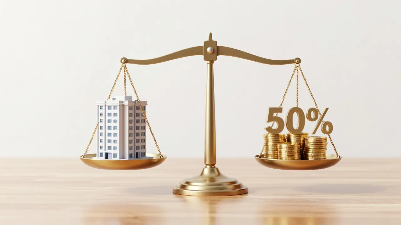 Eine Waage mit einem Gebäude-Modell und Münzen, die eine faire Kostenaufteilung symbolisieren.