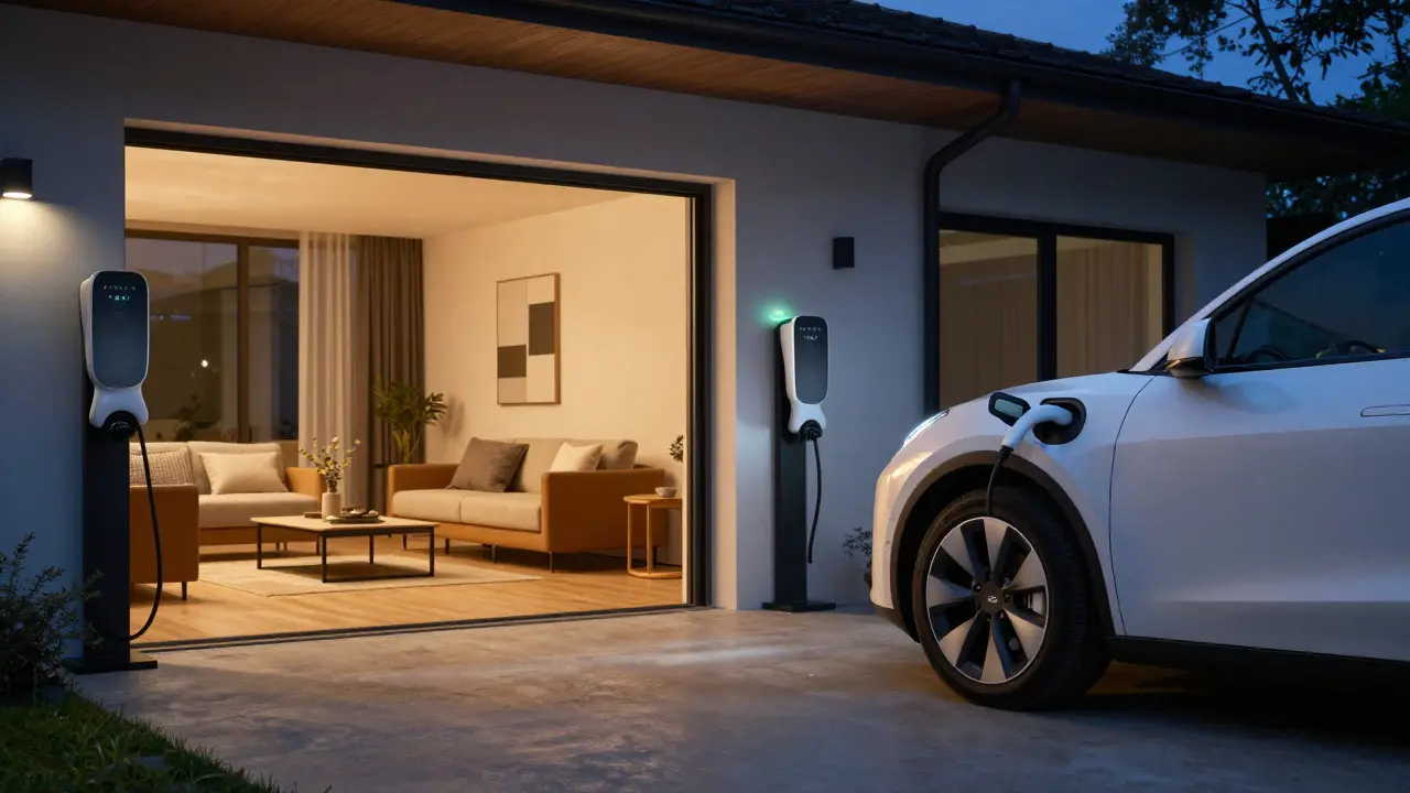 Elektroauto beim Laden in einer Garage bei Abenddämmerung mit Hausstrom