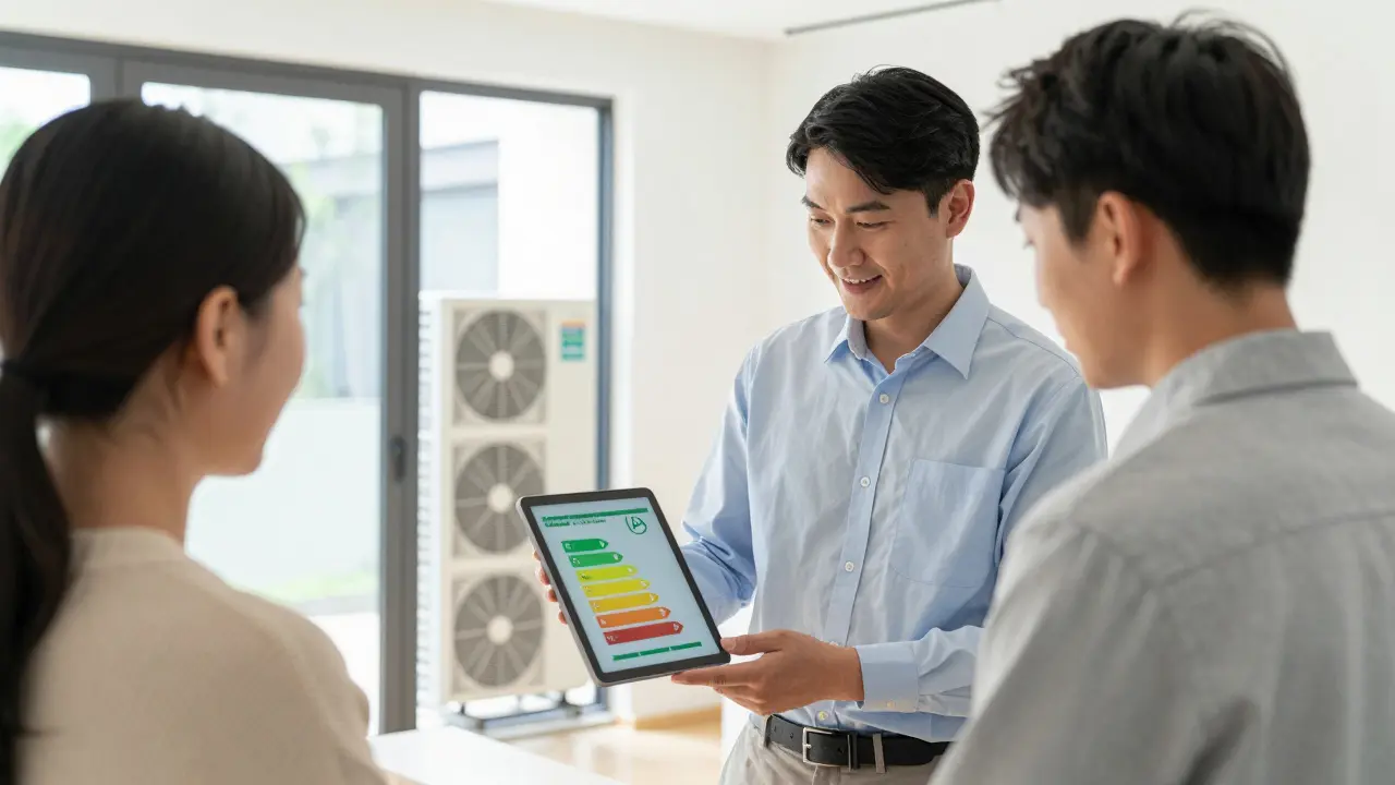 Energieexperte prüft Effizienzstandard eines Hauses mit dem Eigentümer.