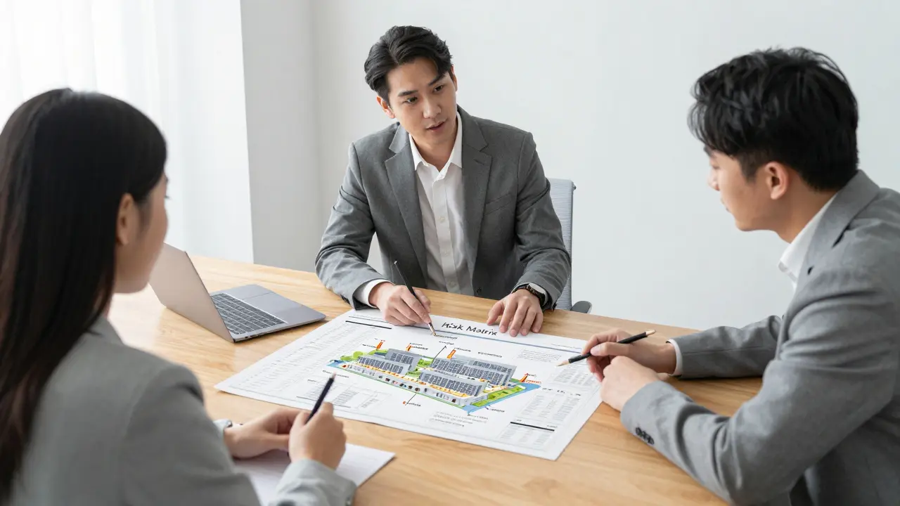 Experte und Bauherr analysieren Risikomatrix und Architekturmodell