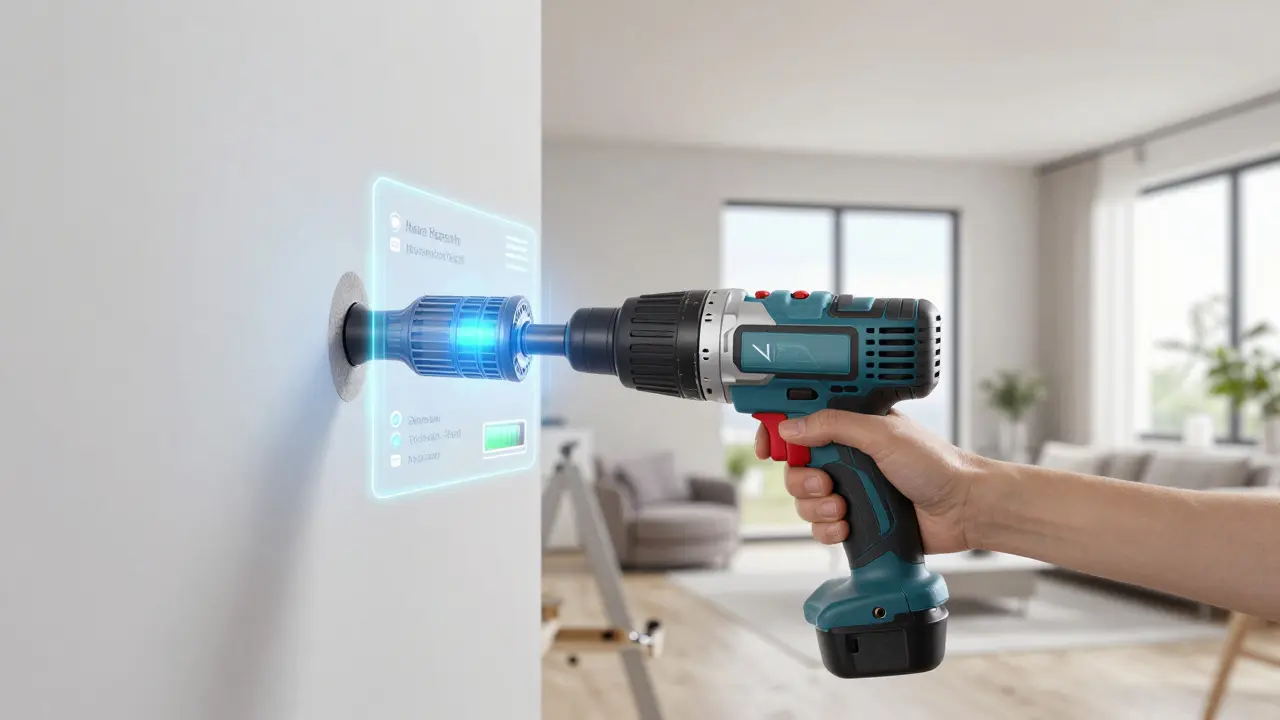 Futuristisches Elektrowerkzeug mit holografischer IoT-Anzeige zur Überwachung des Geräts.