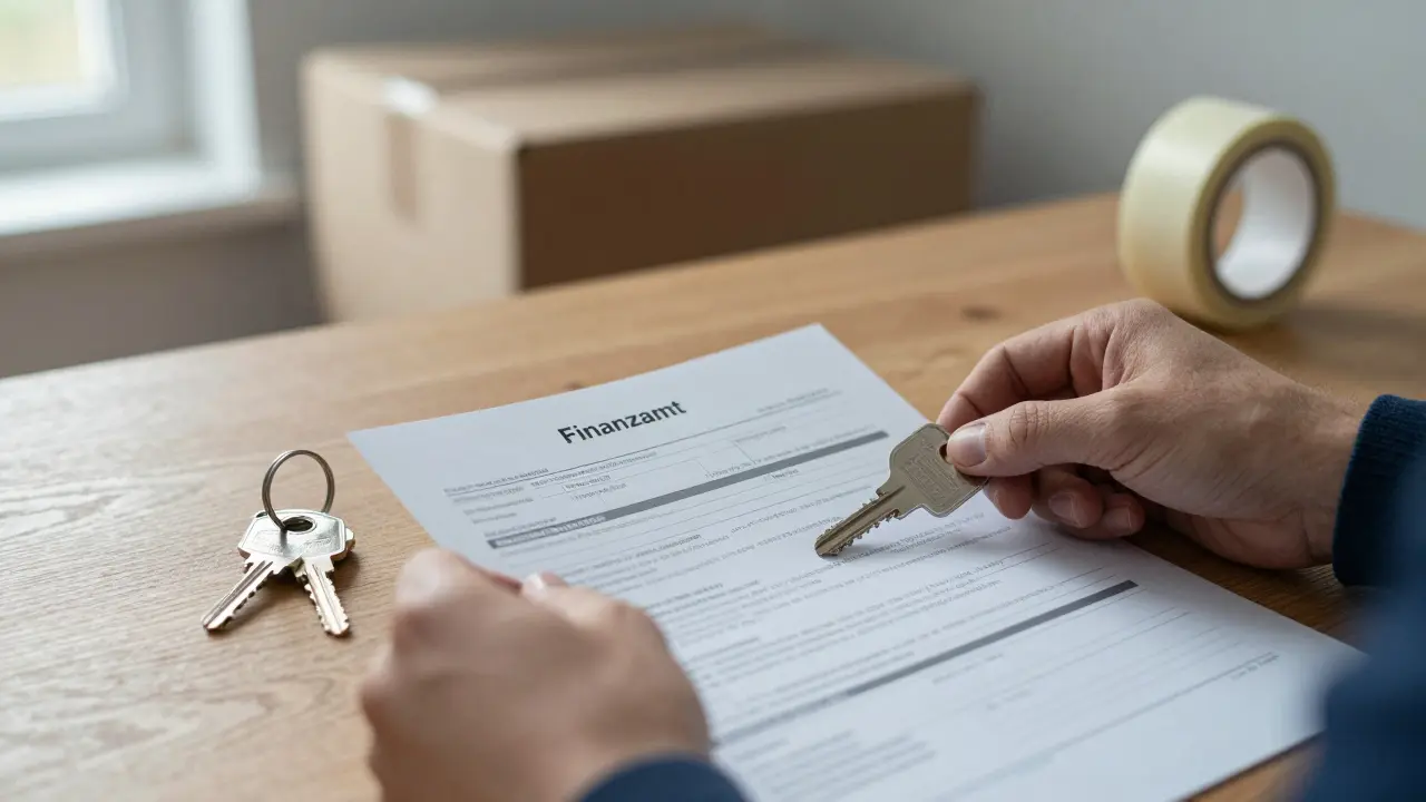 Hände, die einen Steuerbescheid und Hausschlüssel auf einem Holztisch halten.