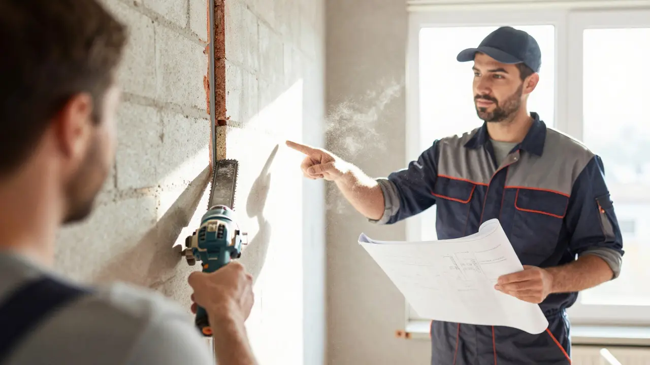 Heimwerker und Elektriker koordinieren Schlitze stemmen bei einer Hausrenovierung