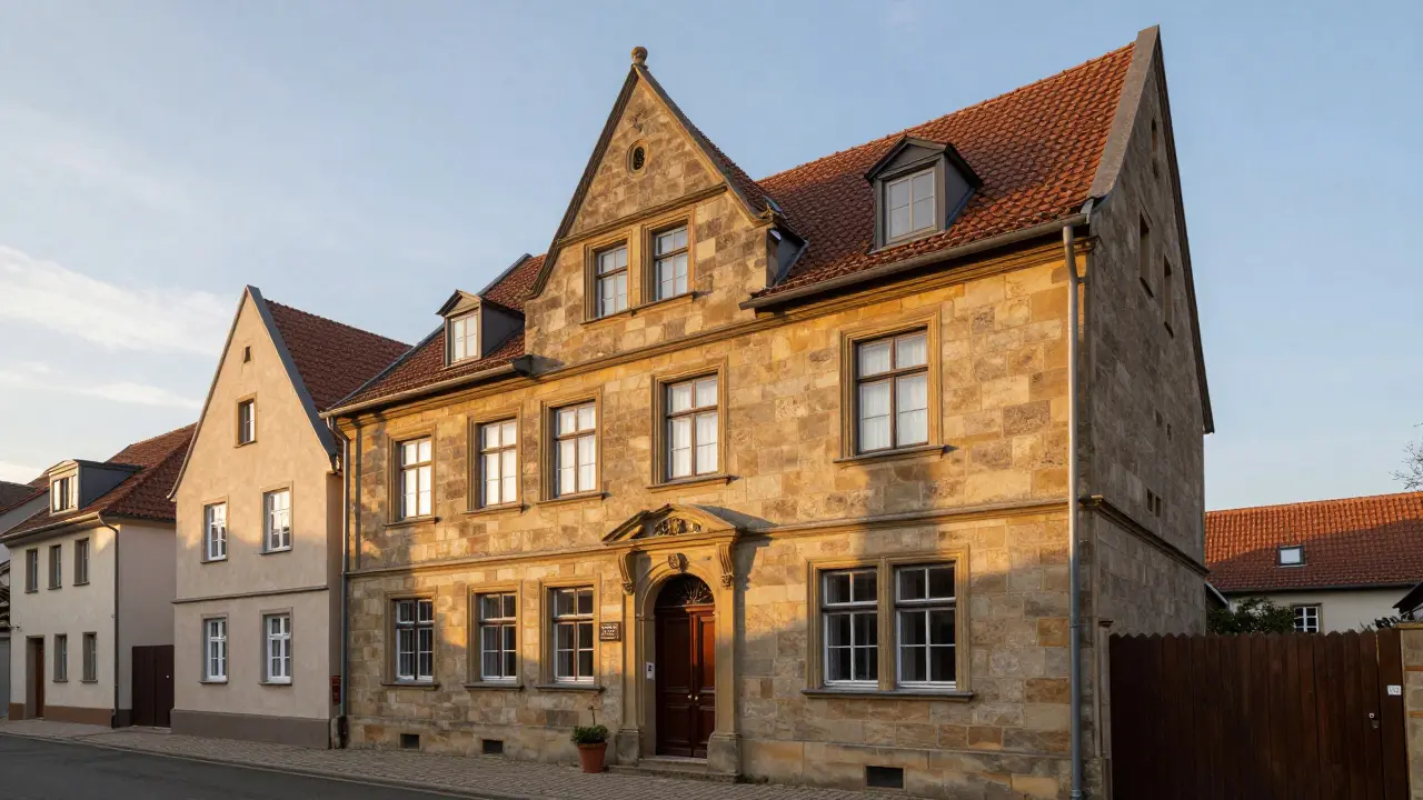 Historisches deutsches Stadthaus bei Sonnenuntergang, das Beständigkeit und Erhalt symbolisiert.