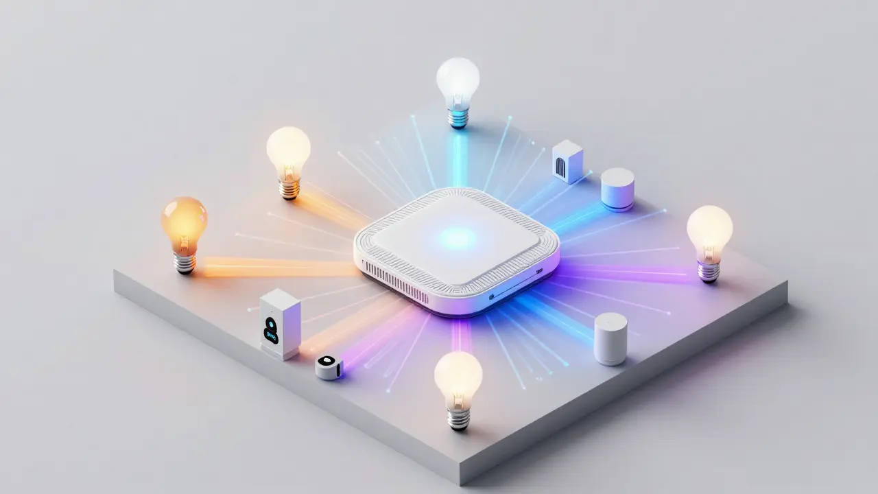 Isometrische Darstellung eines Smart-Home-Netzwerks mit Bridge und vernetzten Lampen.