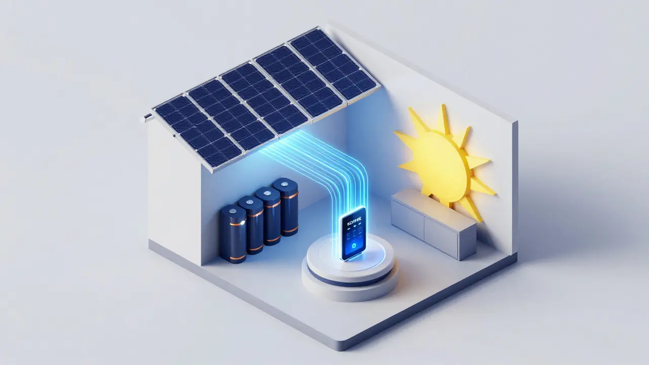 Isometrische Darstellung von PV-Anlage, Batteriespeicher und Energiemanagementsystem