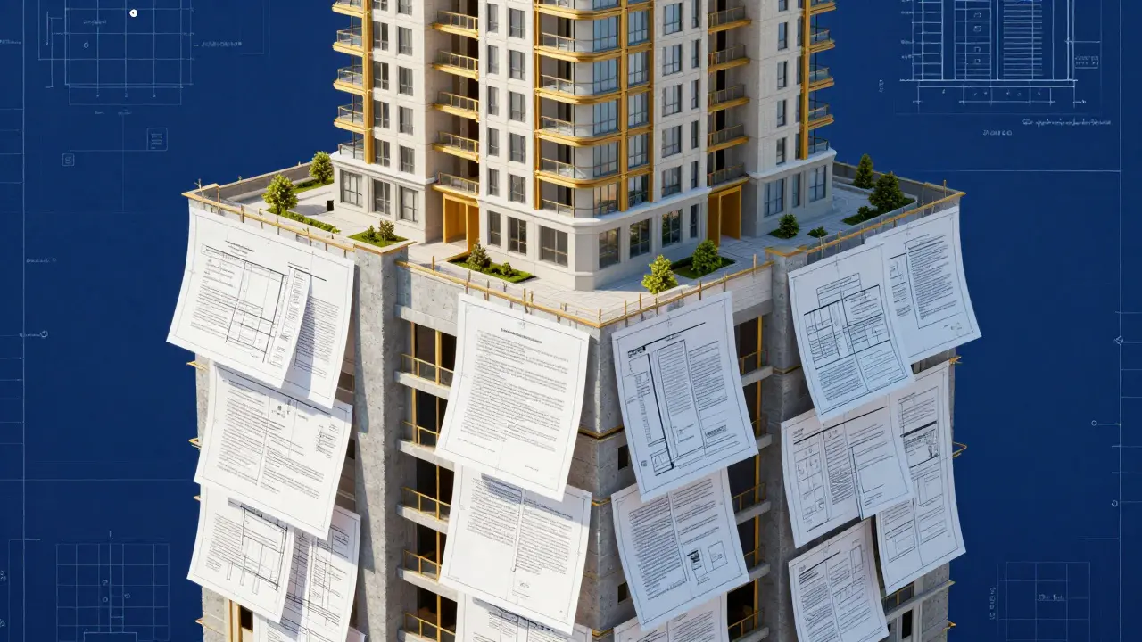 Konzeptbild: Gebäude auf einem Fundament aus Verträgen und Bauplänen