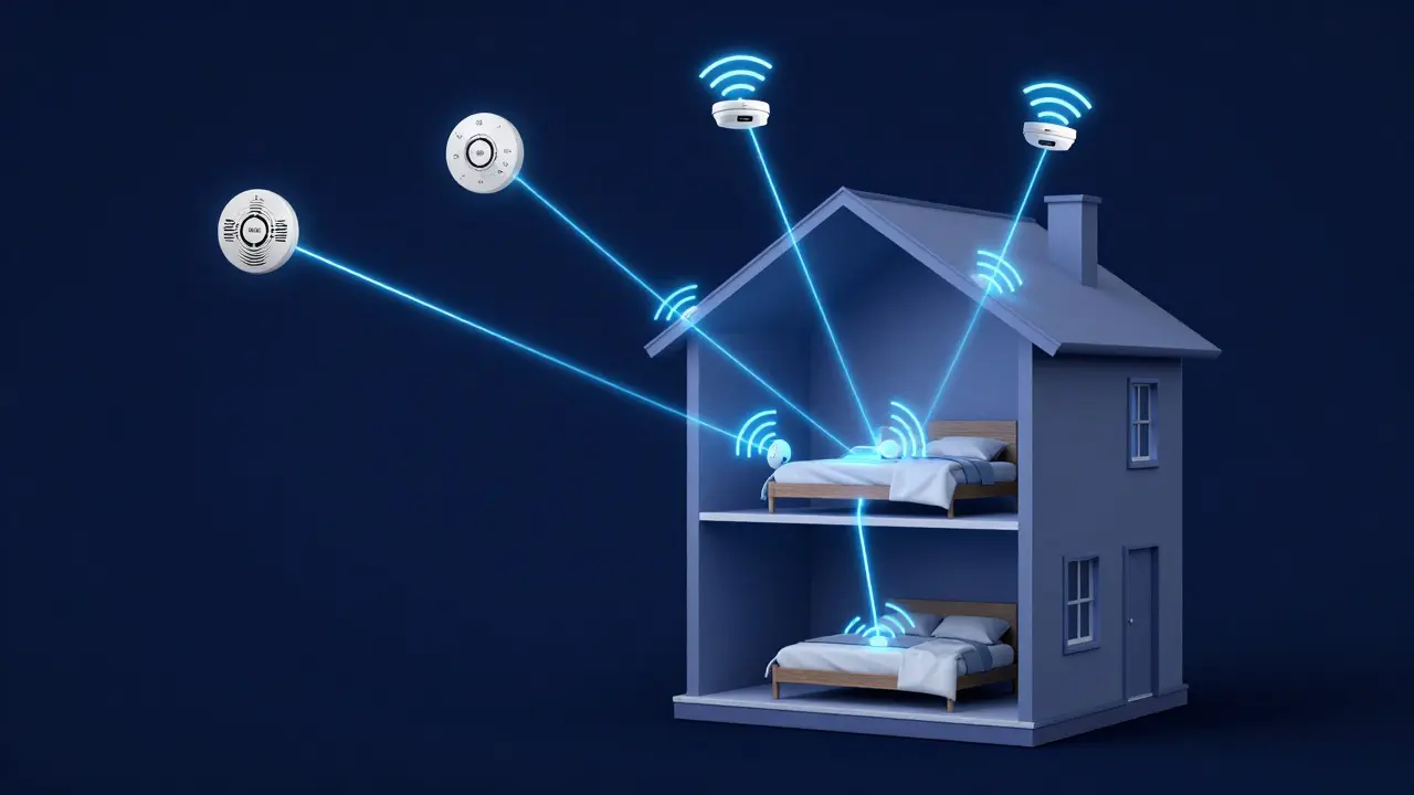Konzeptgrafik einer Funkvernetzung von Rauchmeldern in einem mehrstöckigen Haus.