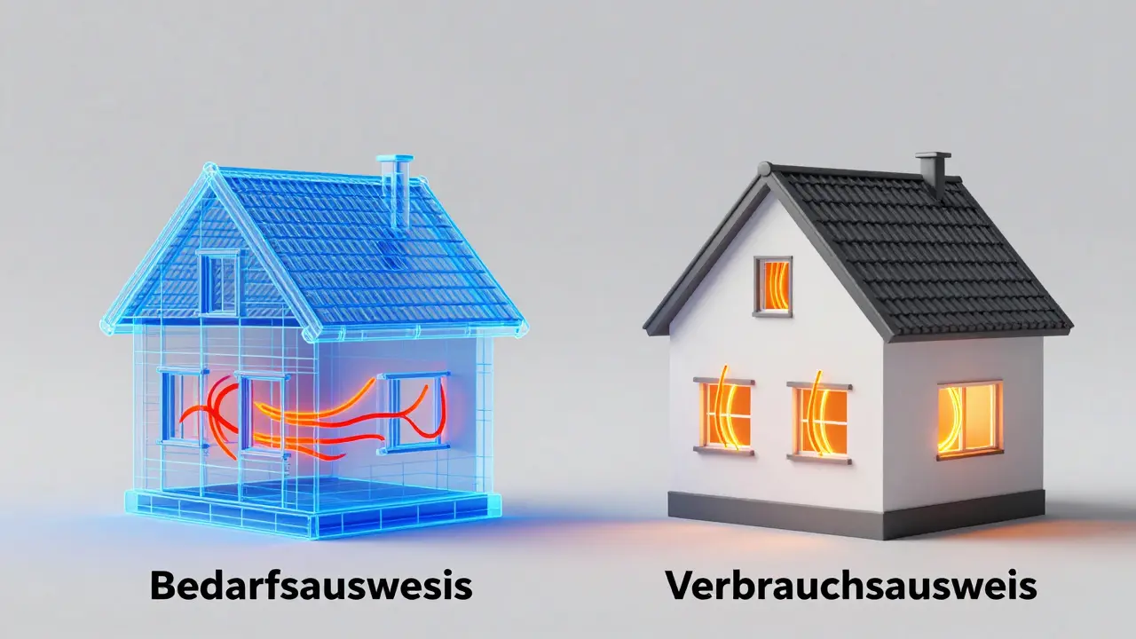 Konzeptuelle Darstellung des Unterschieds zwischen Energiebedarf und Energieverbrauch eines Hauses.