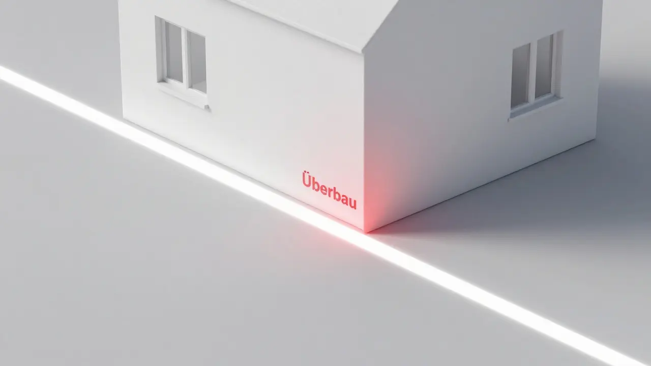 Konzeptuelle Darstellung eines Grenzüberbaus zwischen zwei Grundstücken.