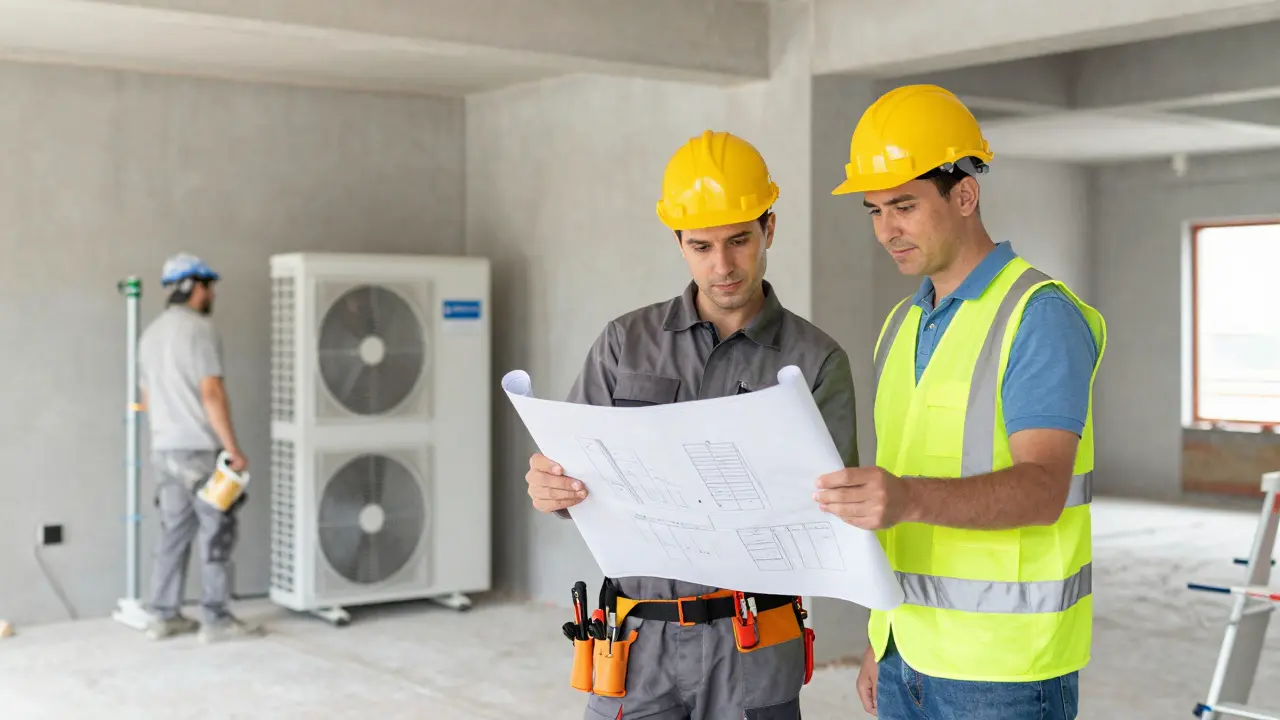 Koordinierte Handwerker besprechen Baupläne in einem modernisierten Hausinneren.
