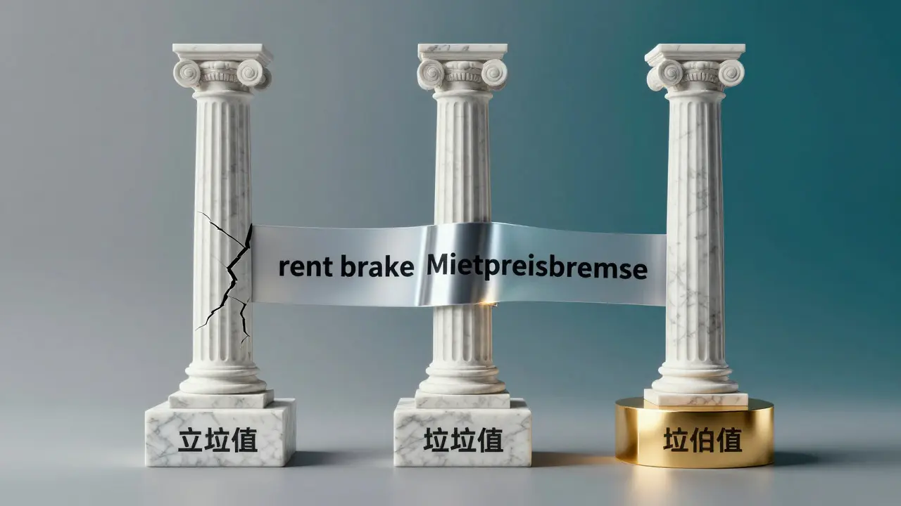 Künstlerische Darstellung von drei instabilen Säulen der Immobilienbewertung.