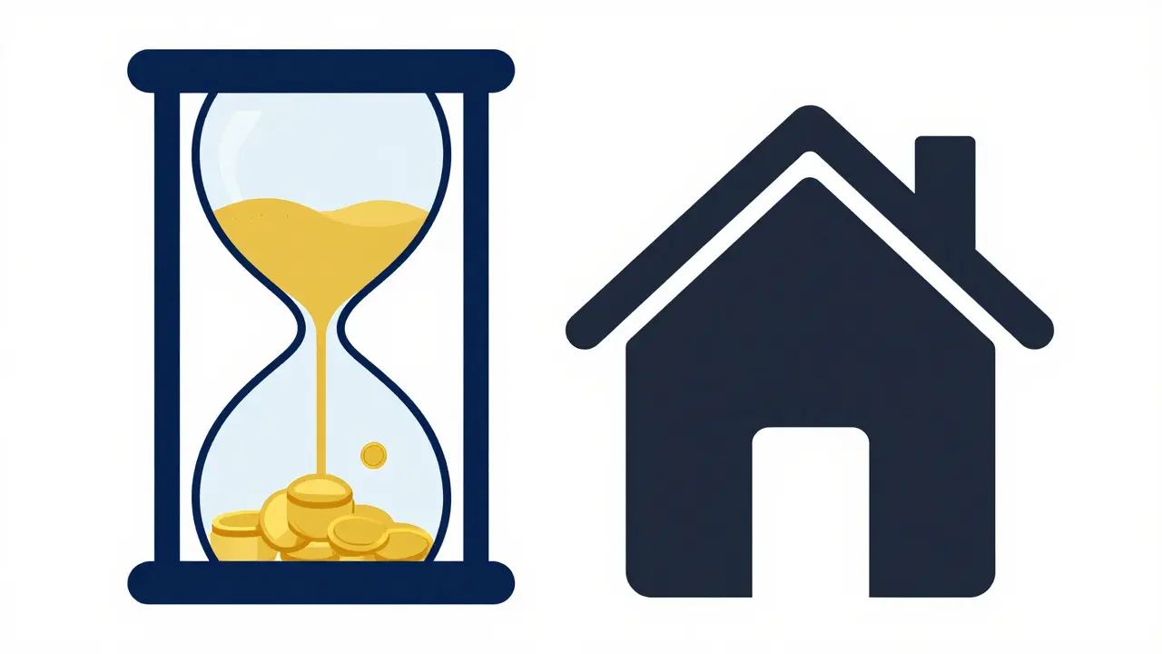 Minimalistische Illustration einer Sanduhr mit Goldmünzen neben einem Haus-Symbol.