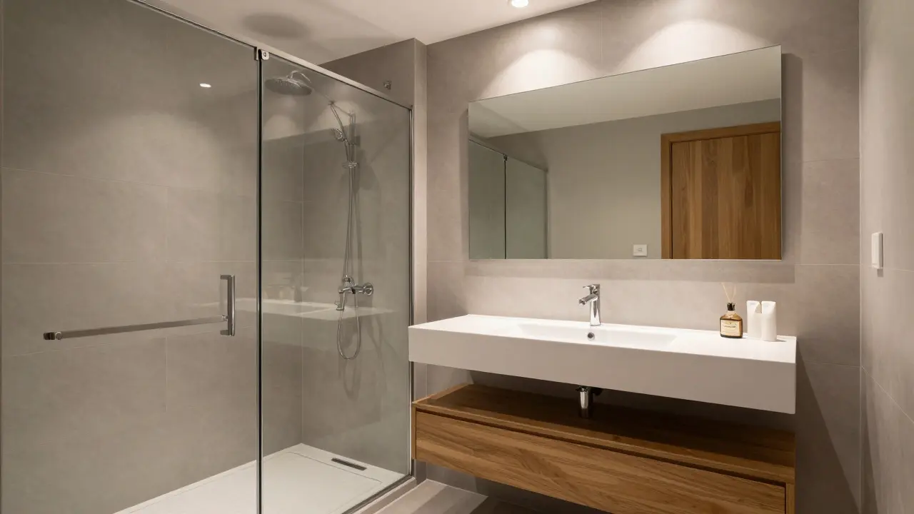 Modernes, fertiggestelltes Badezimmer mit Badmöbeln und bodengleicher Dusche.