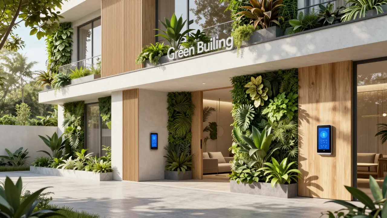 Modernes Green Building mit vertikalen Gärten und integrierter Smart-Home-Technologie.
