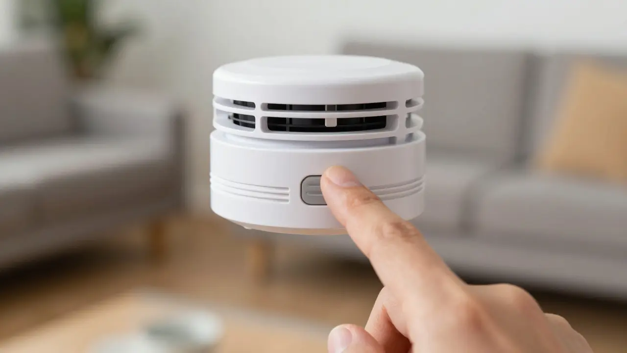 Nahaufnahme einer Hand, die die Pairing-Taste an einem Rauchwarnmelder drückt.