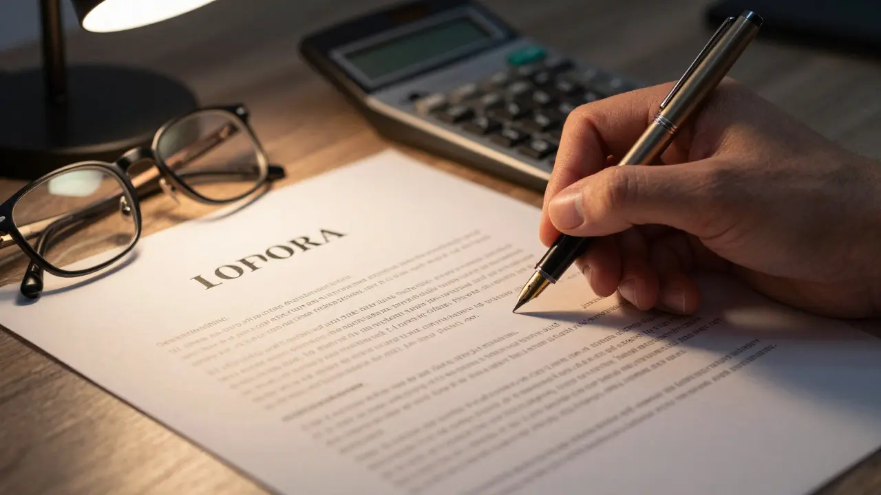 Nahaufnahme einer Hand, die einen Immobilienvertrag mit einem Füllfederhalter prüft.