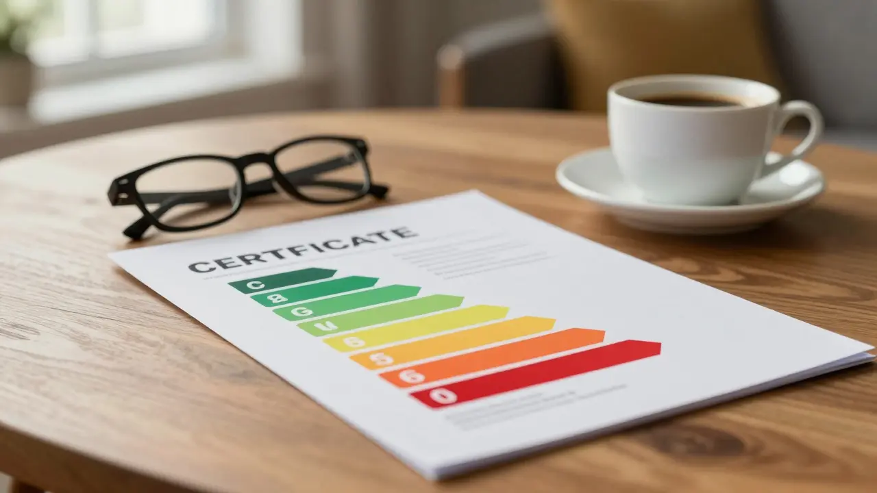 Nahaufnahme eines Energieausweises mit farbiger Effizienzskala auf einem Holztisch.