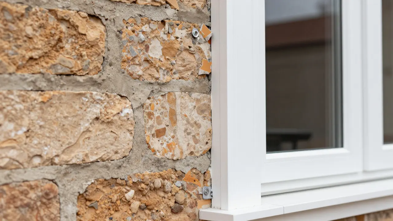 Nahaufnahme eines modernen Sanierungselements an einer historischen Hauswand.