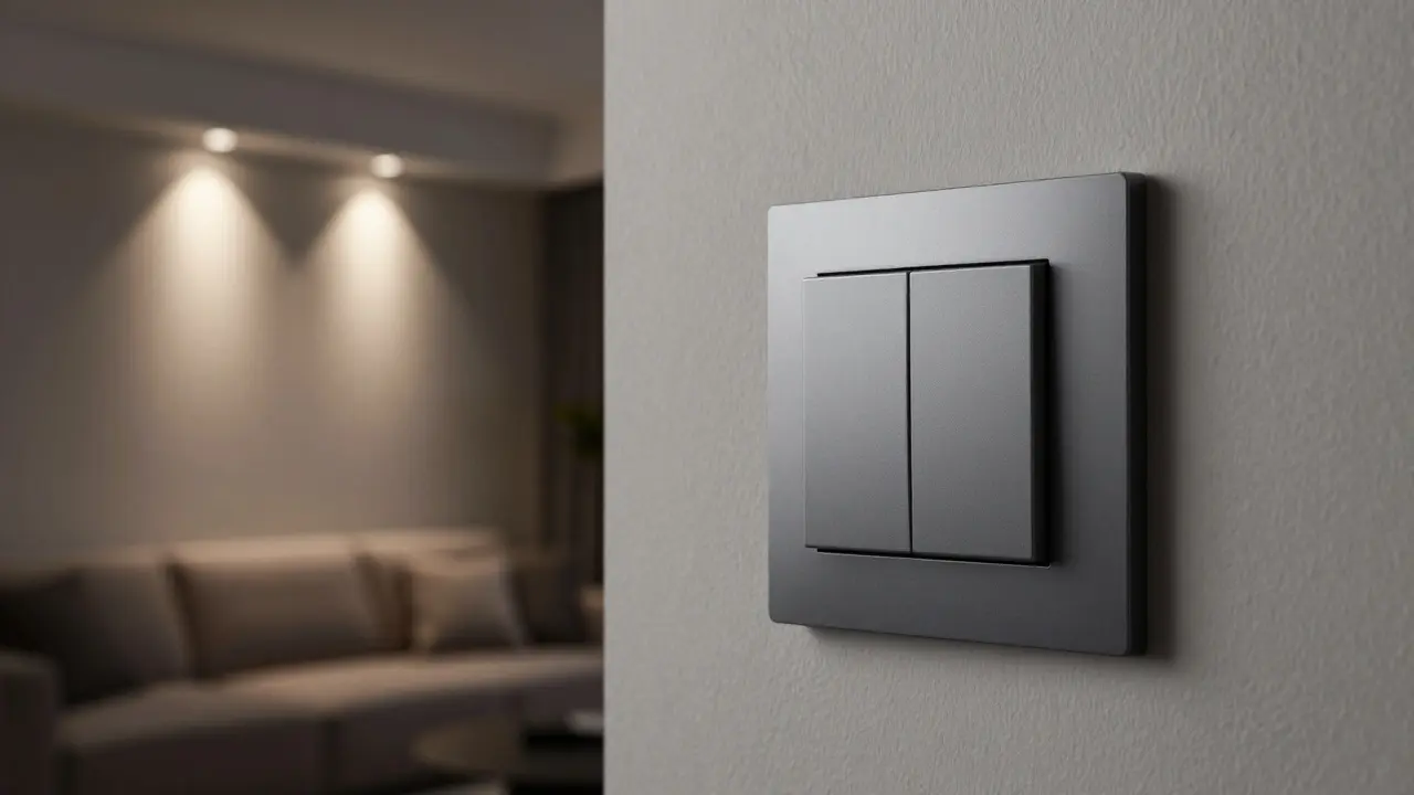 Nahaufnahme eines smarten Lichtschalters an einer Wand mit stimmungsvoller Wohnzimmerbeleuchtung.