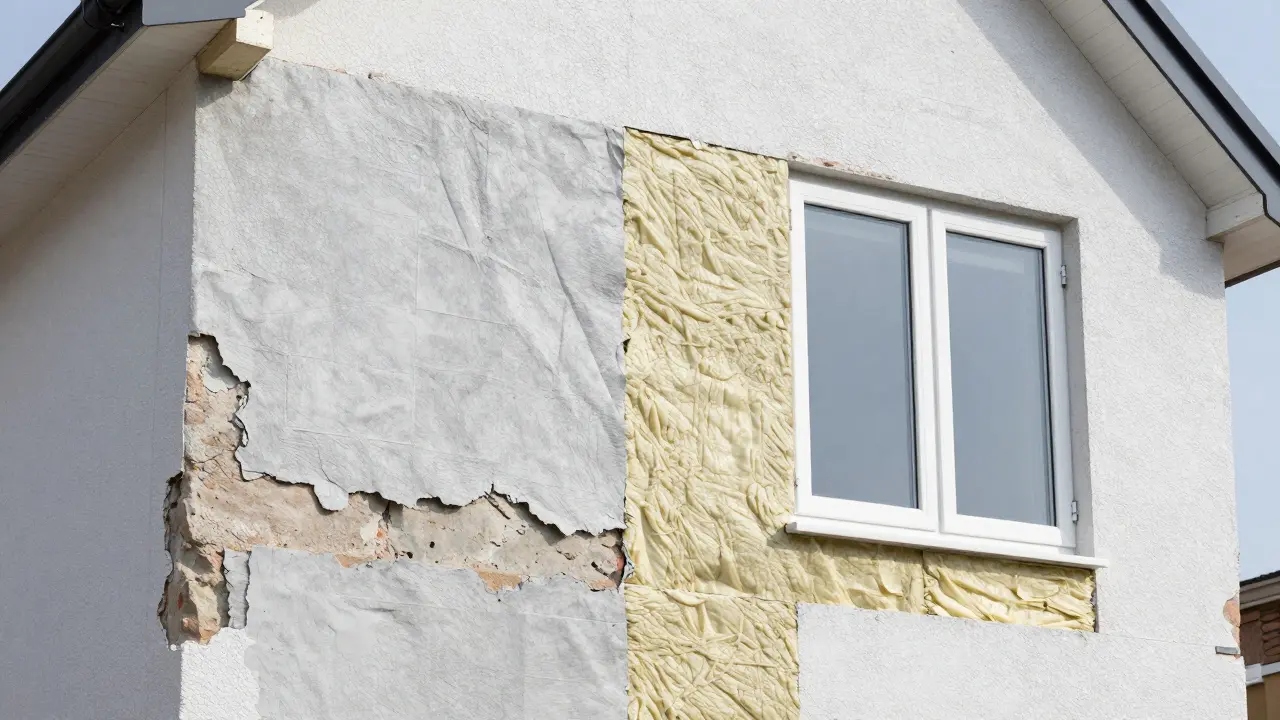 Querschnitt einer Hauswand, die die richtige Reihenfolge von Fassadendämmung und Fensteraustausch zeigt.