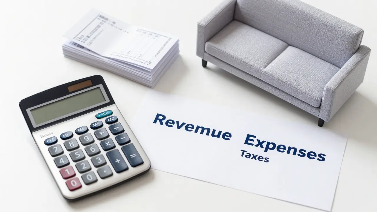 Schreibtisch mit Belegen, Kalkulator und Modellsofa zur Gewinnberechnung.