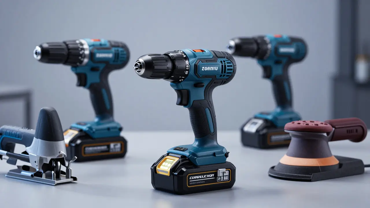 Set aus modernen Akku-Werkzeugen mit kompatiblem Lithium-Ionen-Akku auf einer Werkbank.