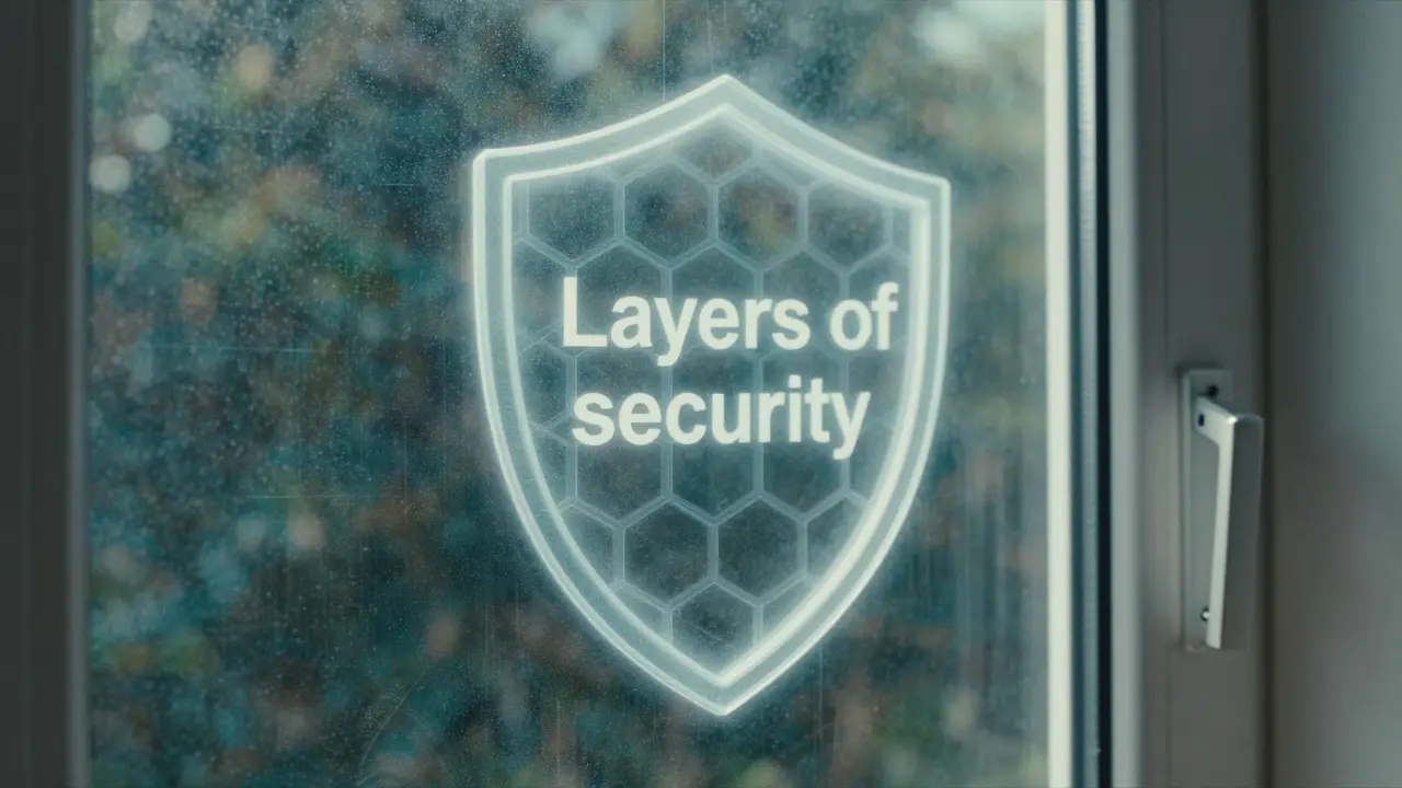 Sicherheitsfenster mit Verbundglas und abschließbarem Griff, symbolisiert durch einen Schutzschild.