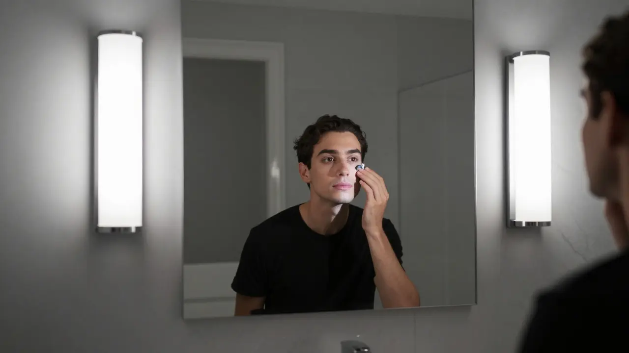 Spiegelbereich mit seitlichen Wandleuchten für schattenfreie Ausleuchtung des Gesichts.