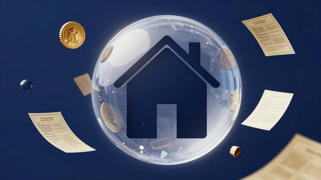 Symbolische Darstellung eines Hauses in einer schützenden Kristallkugel mit rechtlichen Siegeln.