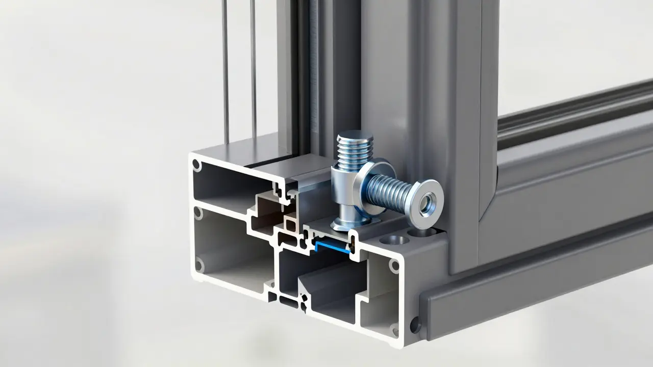 Technische 3D-Illustration eines Pilzkopfzapfen-Beschlags in einem Fensterrahmen.