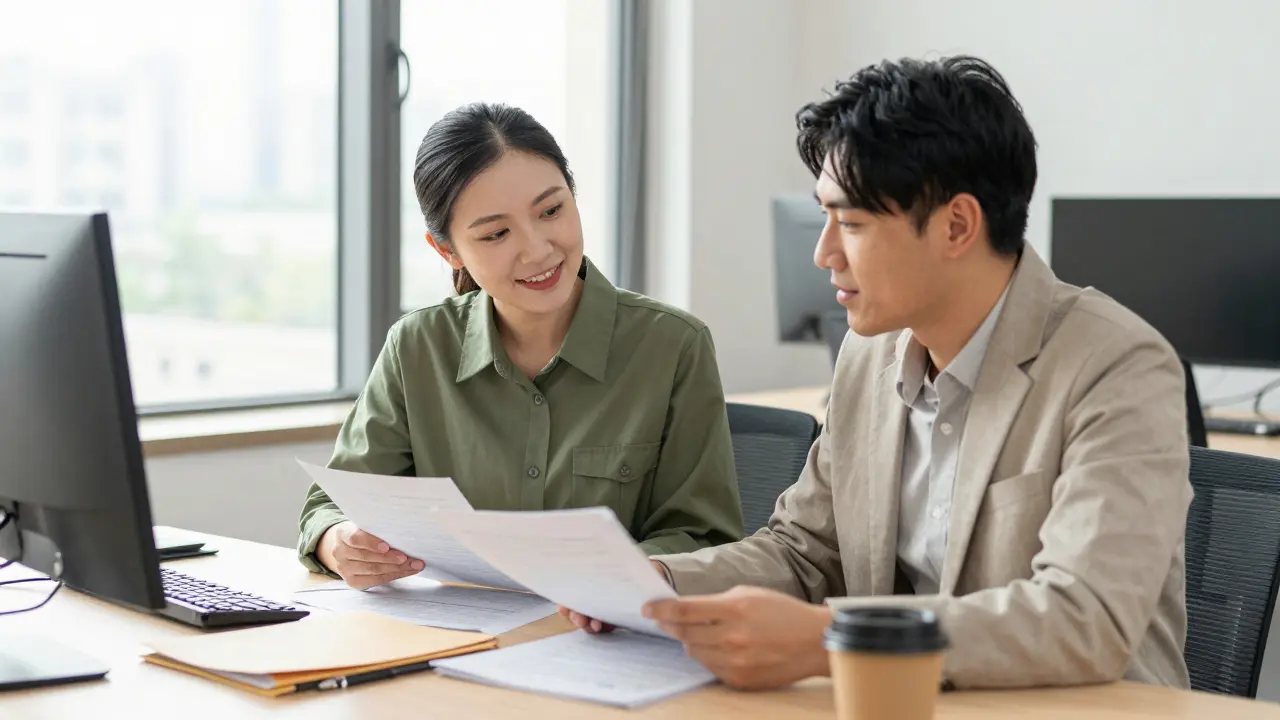 Two professionals consulting over documents at office desk
