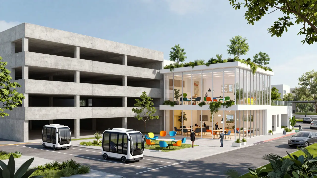 Umgestaltung eines alten Parkhauses in einen modernen Co-Working-Hub mit autonomen Fahrzeugen.