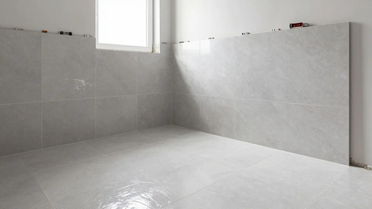 Verlegen von großformatigen grauen Fliesen in einem Badezimmer während der Sanierung.