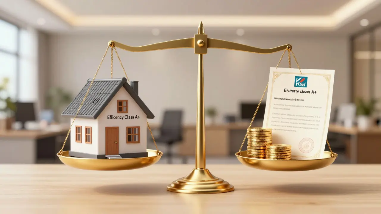 Waage, die ein energieeffizientes Haus mit finanziellen Einsparungen und Fördergeldern gleichsetzt