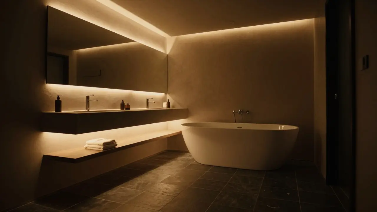 Wellness-Atmosphäre im Bad mit warmem, indirektem LED-Stimmungslicht und dunklen Fliesen.